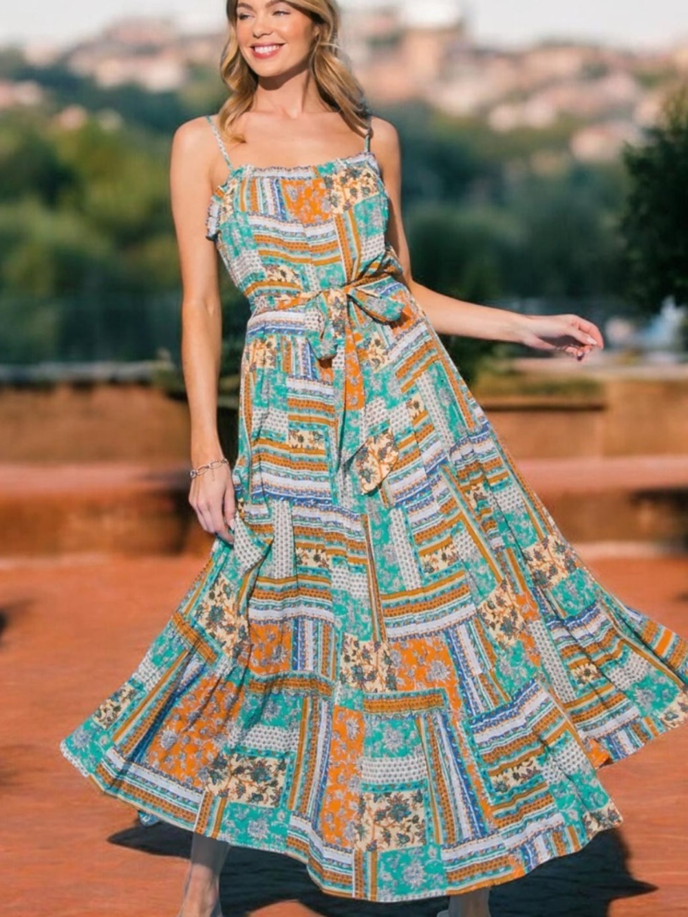 Aratta Silent Journey blue paisley patchwork print midi dress NWT